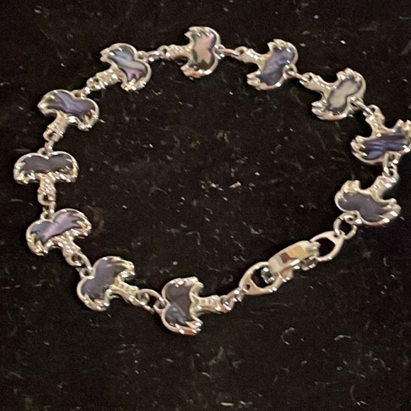 Vintage silver tone bracelet with 11 Abalone shell links & 33 Austrian crystals - Picture 2 of 14